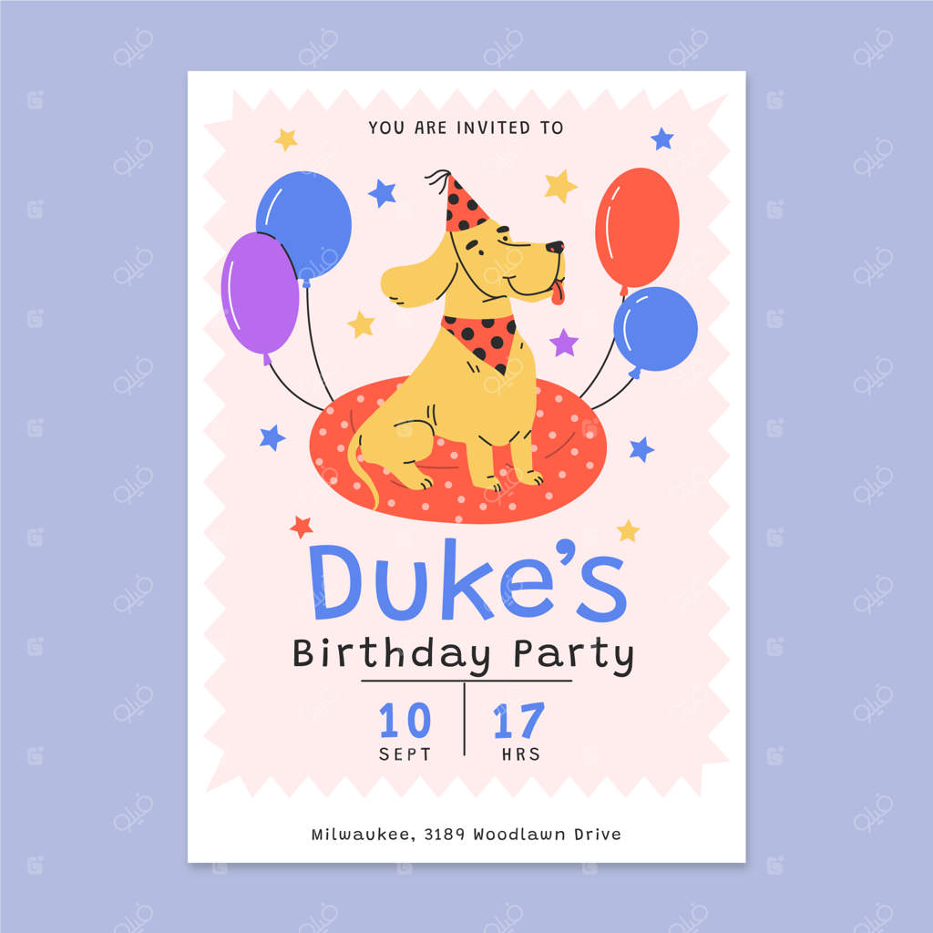 کارت دعوت تولد سگ با طراحی مسطح