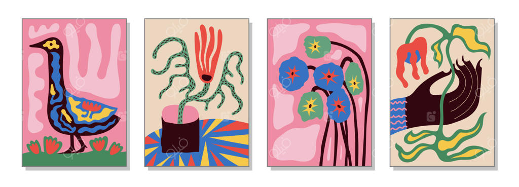 گل‌های رنگارنگ و پرندگانی با اشکال مختلف. دسته گل‌های زیبا. برچسب‌های مد روز با طرح‌های گل و پرنده. نقاشی دکوراسیون داخلی. تصویرسازی وکتور.