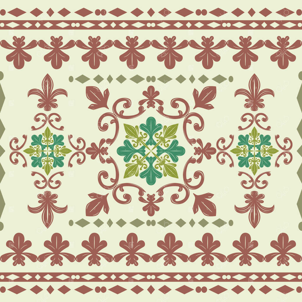 طرح باغ ویکتوریایی ظریف و باشکوه با رنگ مکا قهوه‌ای بر زمینه سبز پاستلی، نقوش شاهانه گل‌زنبق، حاشیه با اسکرول‌های پیچیده برای پارچه‌های ابریشمی و توری‌های دست‌کشیده.