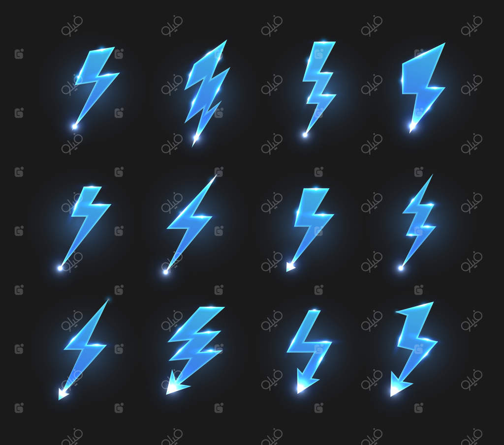 آیکون‌های رعد و برق: پیکان‌های زیگزاگی و جرقه‌های نورانی