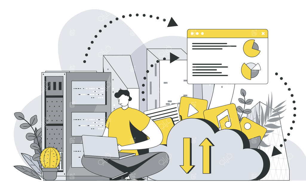 مفهوم ارائه‌دهنده میزبانی با تصویرسازی: مردی در پشتیبانی فنی ارائه‌دهنده مشغول به کار است