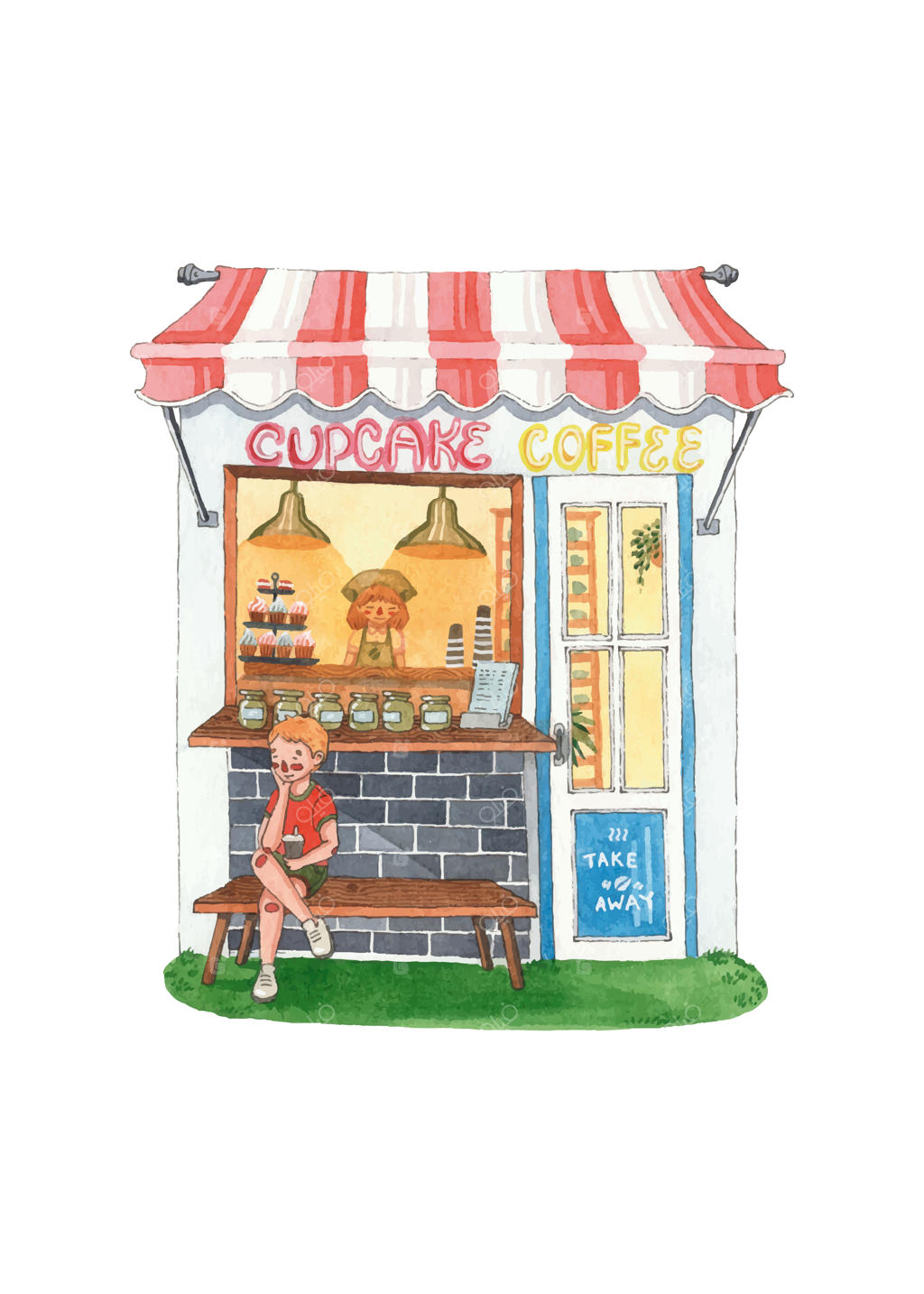 نقاشی آبرنگ کیک فنجانی تابستانی بامزه در کافه