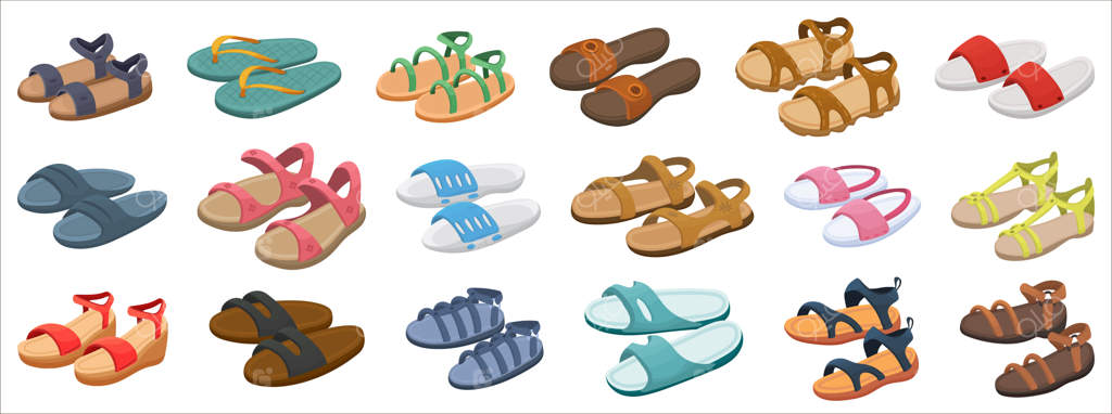 مجموعه‌ای از تصاویر صندل‌های مد روی پس‌زمینه سفید.