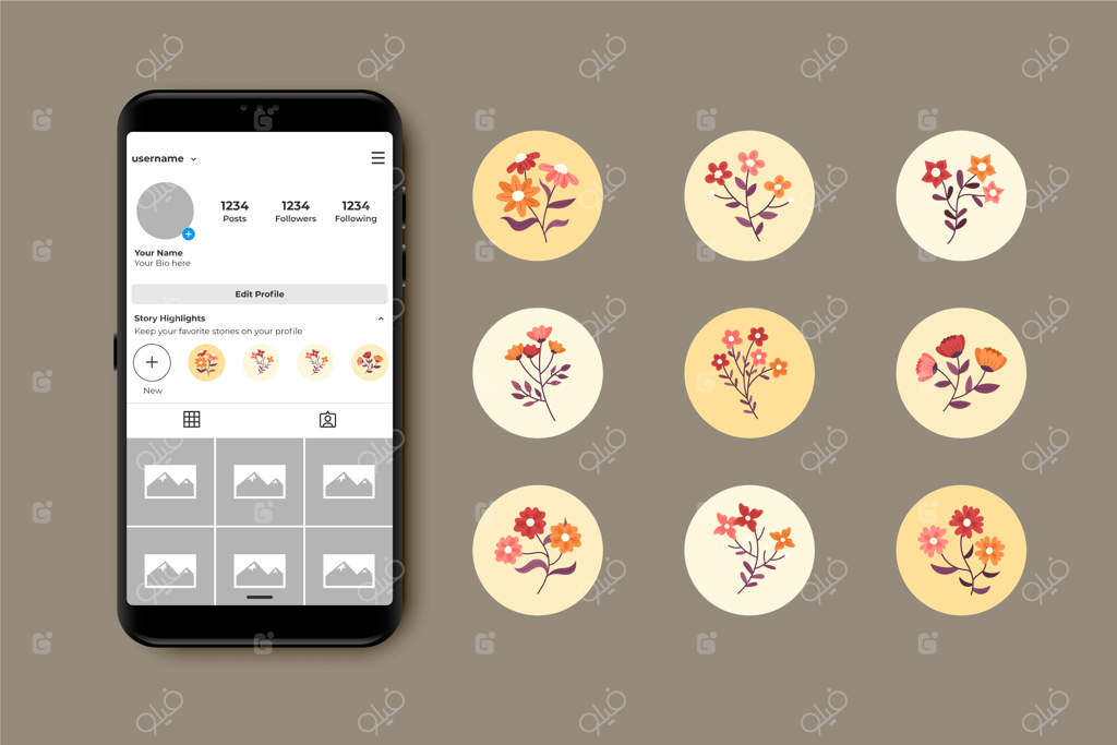 مجموعه هایلایت‌های استوری اینستاگرام با طرح‌های دست‌کشیده گل