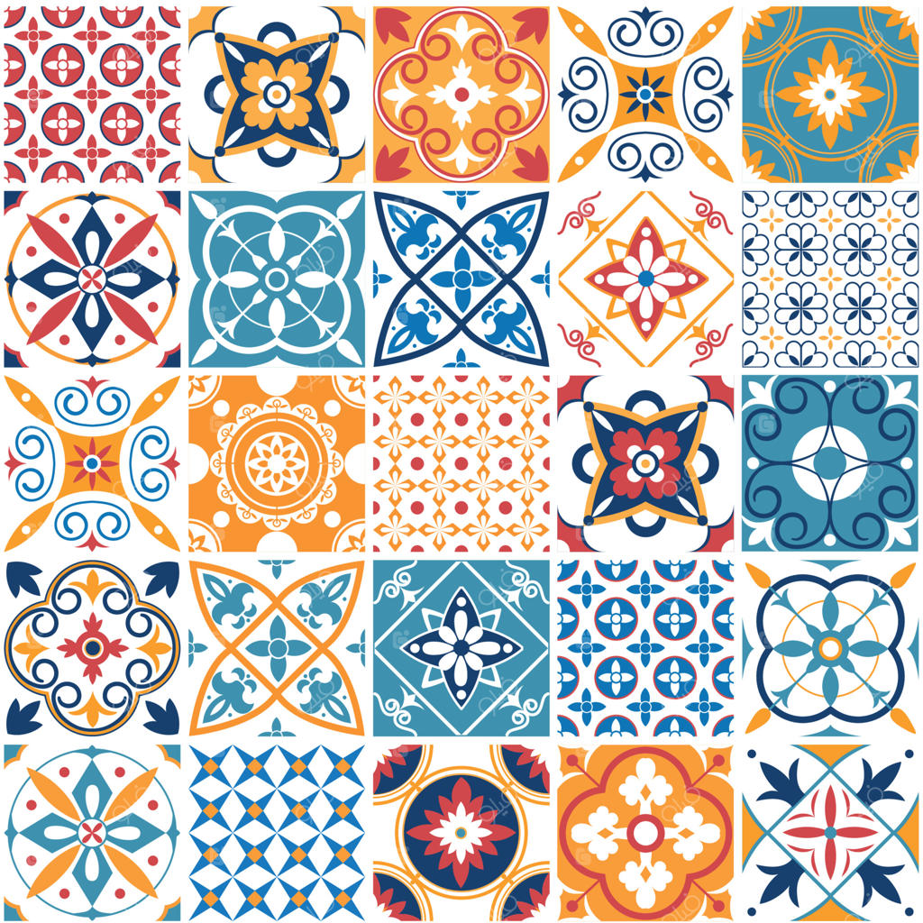 طرح بدون درز پرتغال: بافت کاشی سرامیکی مدیترانه‌ای کلاسیک و مجموعه بافت پرینت دیواری و الگوهای هندسی کاشی‌ها به صورت وکتور
