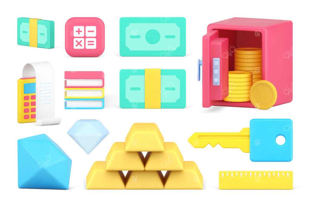 آیکون سه‌بعدی و واقع‌گرایانه: ایمنی بانکداری، حسابداری تجاری، ذخیره‌سازی مالی و اقتصاد