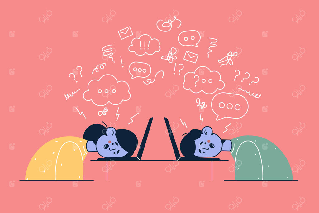 تصویر زنان و مردان کارمند خسته و فرسوده در دفتر کار، با حالت خوابیده روی لپ‌تاپ و افکار در ذهن‌هایشان