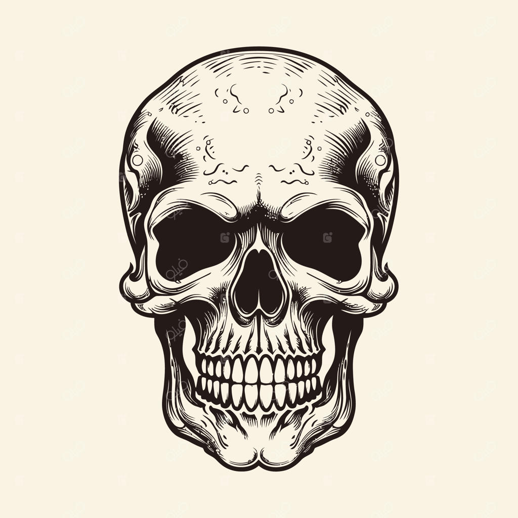 وکتور جمجمه انسان با طرح قدیمی و سیلوئت طراحی دستی در پس‌زمینه سفید