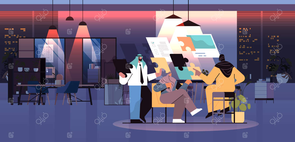 تیم تاجران عرب در حال کنار هم گذاشتن قطعات پازل برای حل مسئله و کار تیمی