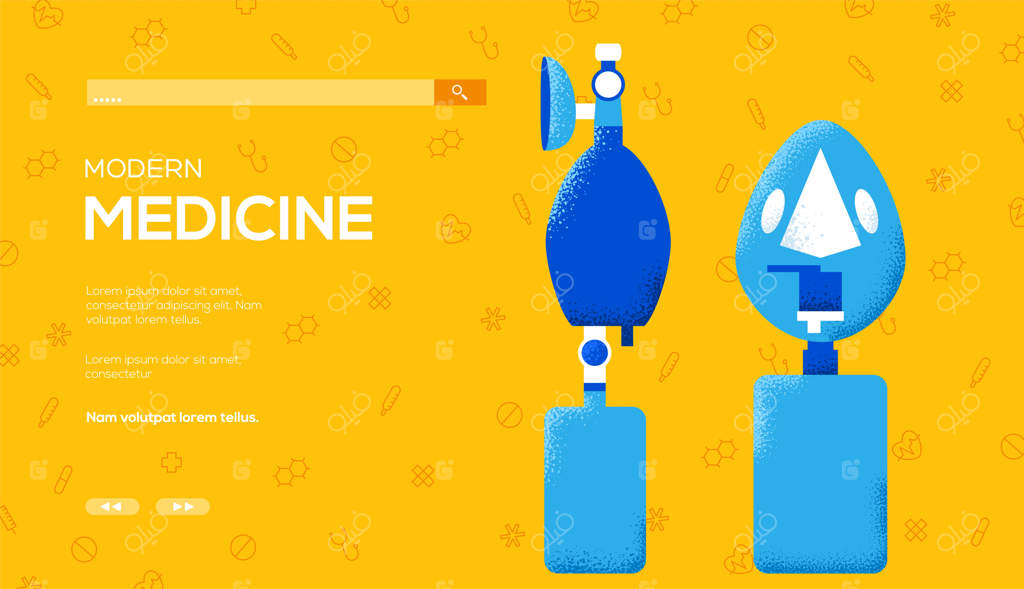 تراکت مفهومی دستگاه تهویه ریه مصنوعی، بنر وب، سربرگ رابط کاربری، ورود به سایت.