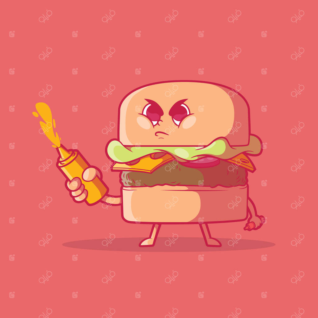 تصویر وکتوری از برگر عصبانی با بطری‌های سس - طراحی مفهومی خنده‌دار برای برند مواد غذایی