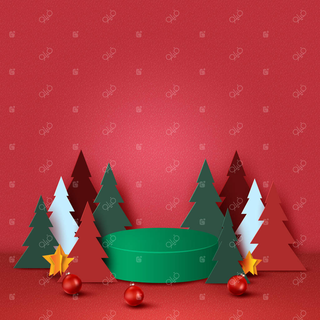 مفهوم کریسمس مبارک و سال نو خوش: سکو سبز تزئین شده با درخت کریسمس، توپ‌های تزئینی و ستاره‌ها روی پس‌زمینه قرمز به سبک هنر کاغذی