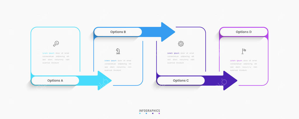 اینفوگرافیک با آیکون‌ها و پیکان چهار مرحله‌ای: مناسب برای نمودار فرآیند، ارائه‌ها، چیدمان‌های کاری، بنر، فلوچارت و اطلاعات گرافیکی.