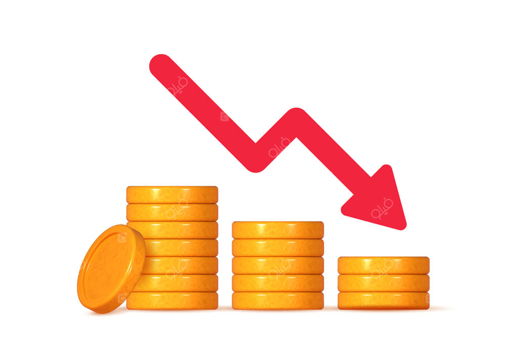 نمایش سه‌بعدی پشته‌ای از سکه‌ها با فلش رو به پایین نماد رشد مالی، سرمایه‌گذاری و افزایش سود.