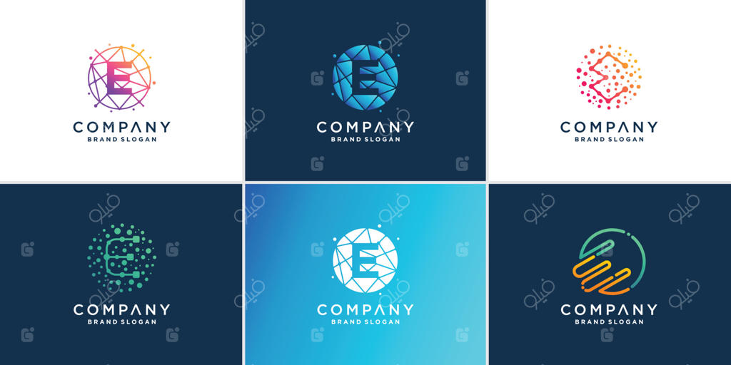 مجموعه لوگو حرف E با مفهوم فناوری وکتور ویژه