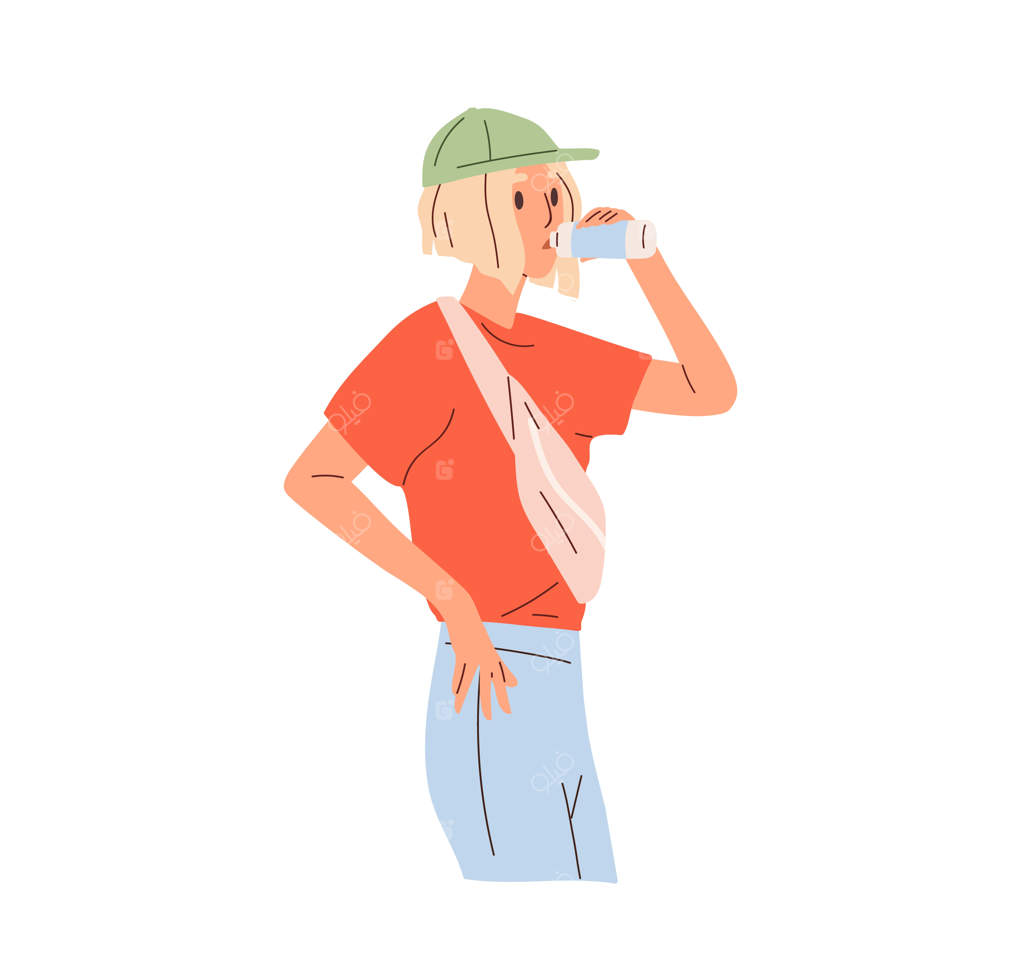 زن جوان آب تازه می‌نوشد: رفع عطش با آب گوارا و زلال. زن تشنه با نوشیدنی خنک و شفاف. تصویرسازی فلت، پس‌زمینه سفید.