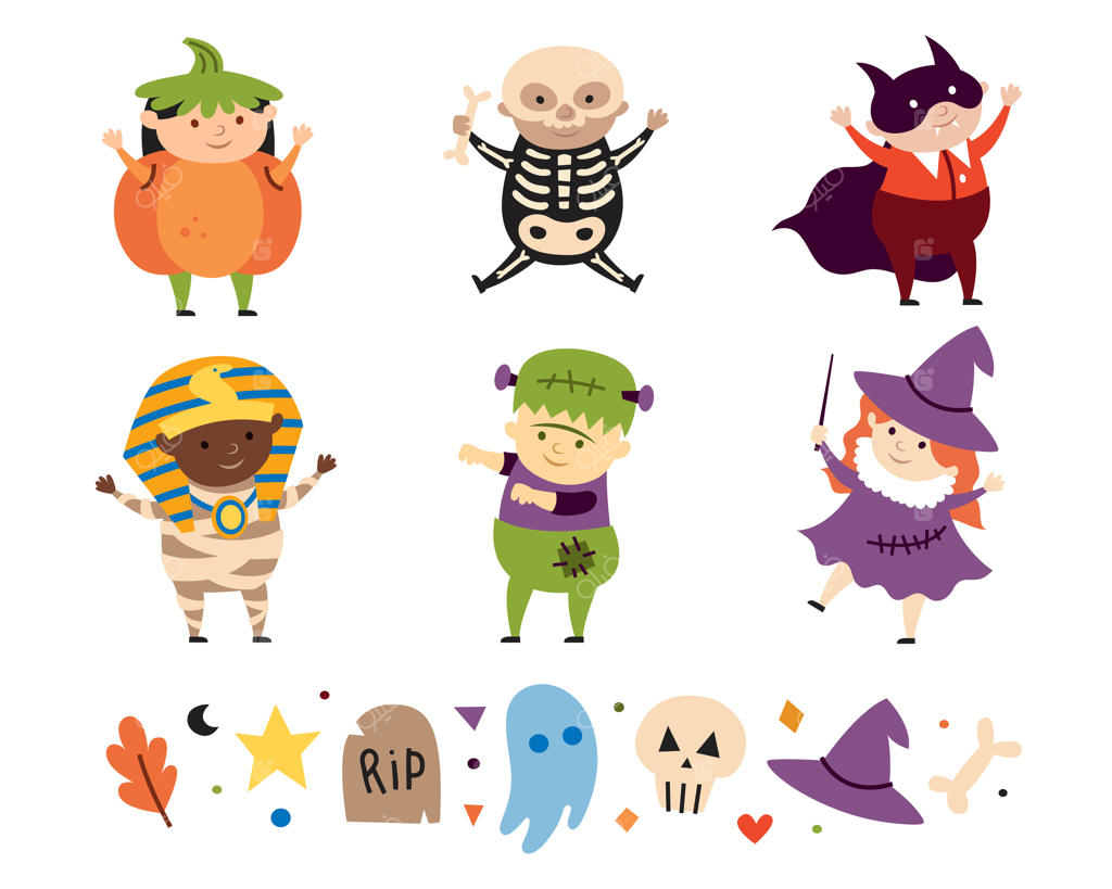 لباس‌های بچگانه شخصیت‌های ترسناک هالووین: خون‌آشام، جادوگر، اسکلت، کدو تنبل، مومیایی و فرانکشتاین