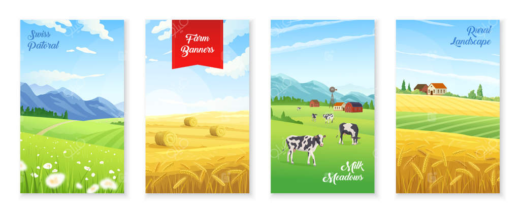 مجموعه پوسترهای واقعی با مزارع شیر و گندمزارها