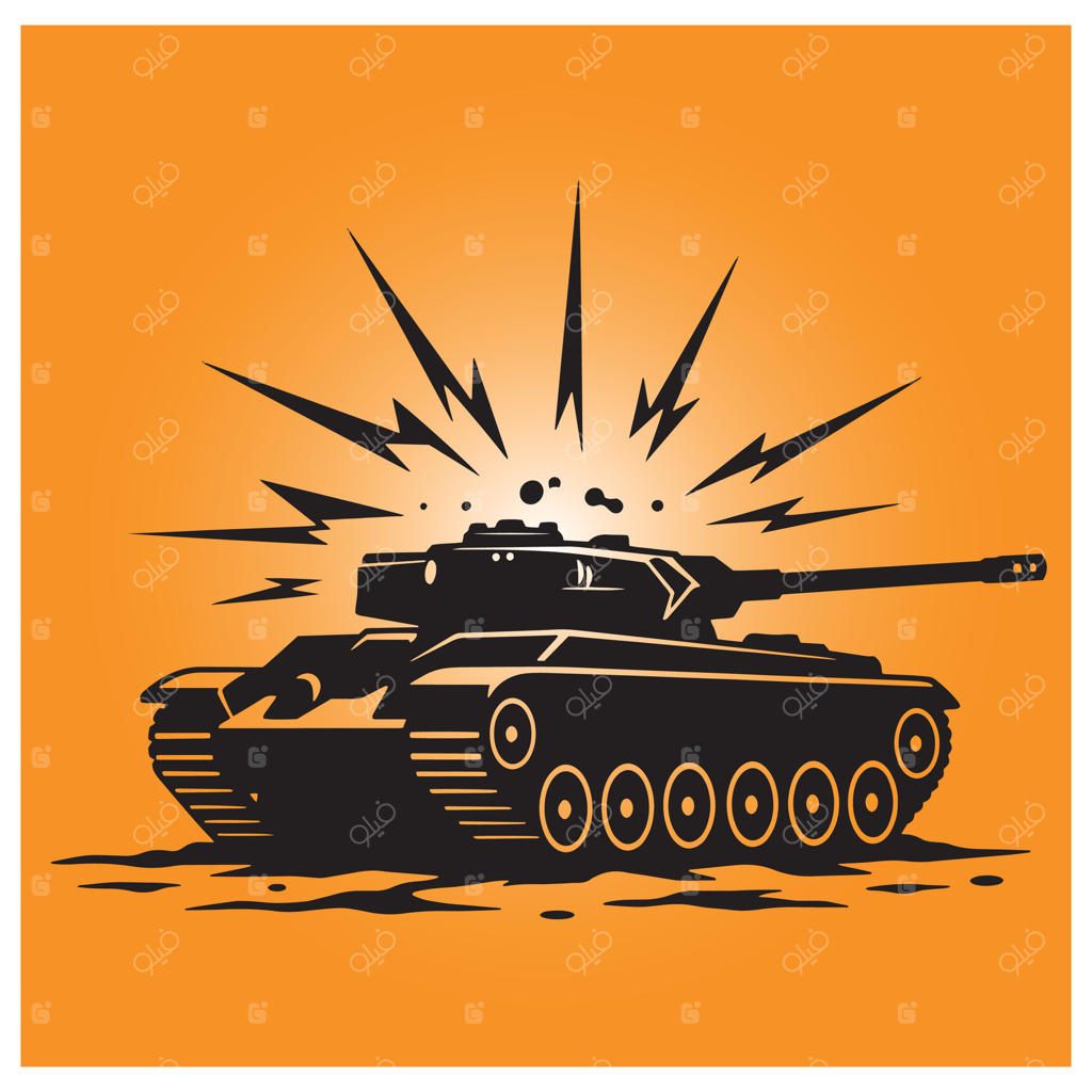 تصویر تانک جنگی با انفجار و پس‌زمینه نارنجی
