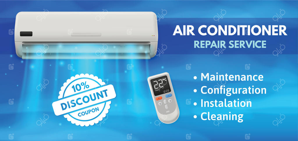 خدمات سرویس کولر گازی: پوستر و بنر تعمیر و نگهداری سیستم تهویه مطبوع با تخفیف ویژه و تصویر واقعی کولر گازی همراه با نسیم خنک.