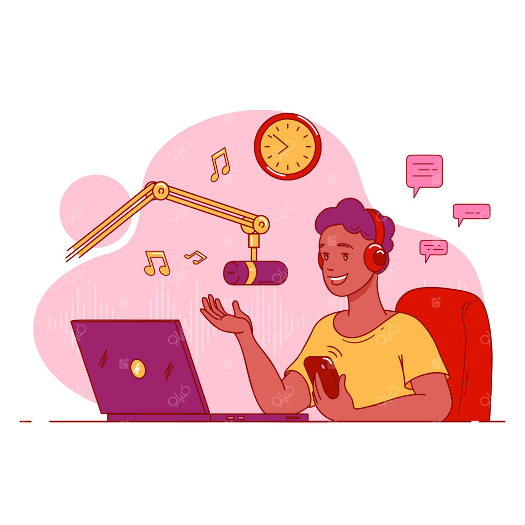 پخش زنده رادیویی: گوینده آنلاین پشت میکروفون در حال اجرا