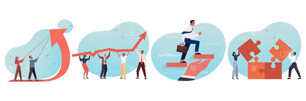 مفهوم کسب و کار، همکاری تیمی، برنامه‌ریزی، سودآوری، موفقیت، پشتیبانی، دستیابی به اهداف و مسیر شغلی؛ مجموعه‌ای از تیمی متشکل از تاجران، کارمندان و مدیران که قطعات پازل را جمع می‌کنند و با هم به سمت هدف حرکت می‌کنند.