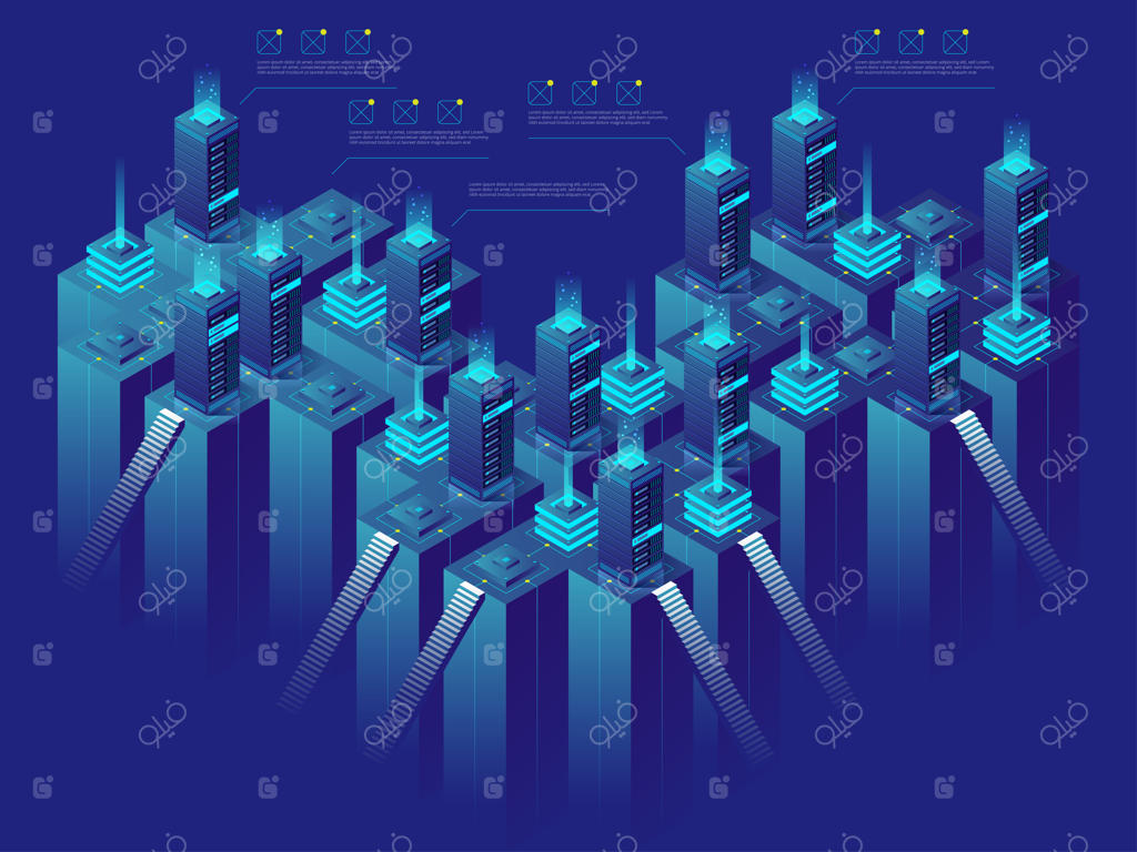 اتاق سرور: مفهوم و تصویر ایزومتریک مرکز داده و تبادل داده، ذخیره‌سازی ابری