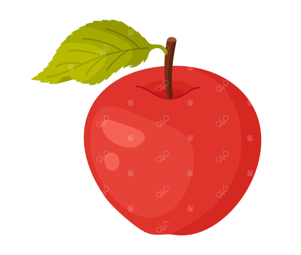 نماد میوه سیب قرمز رسیده با برگ سبز، از باغ تازه چیده شده. تصویرسازی دستی غذای کلیپ‌آرت. سیب کامل با برگ سبز، سبک تخت روی پس‌زمینه شفاف