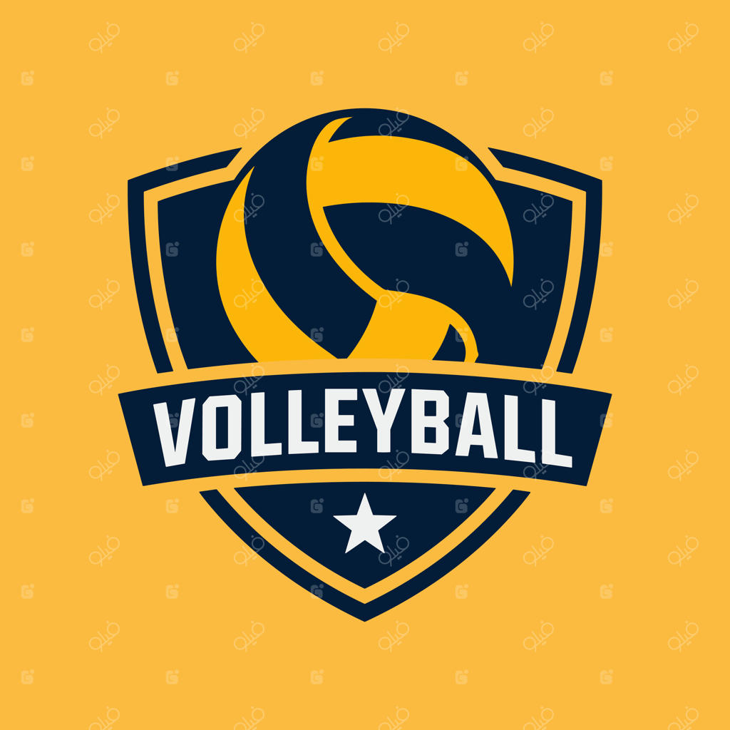 لوگوی ورزشی والیبال با توپ و ستاره روی سپر آبی تیره