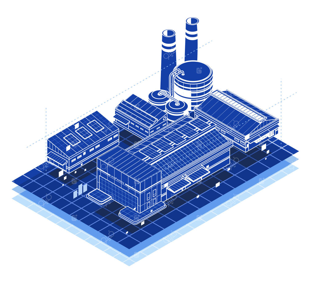 تصویر مدرن ایزومتریک از مجتمع کارخانه‌ای هوشمند با ساختمان‌های متصل، دودکش‌ها و پنل‌های خورشیدی نشان‌دهنده سیستم‌های پیشرفته تولیدی