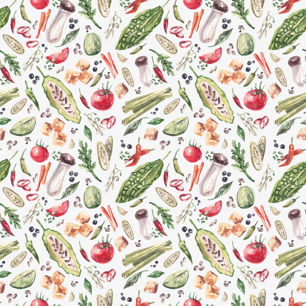 پترن روشن و یکدست با مواد لازم برای آشپزی سنتی آسیایی، سبزیجات، توفو و ادویه‌ها