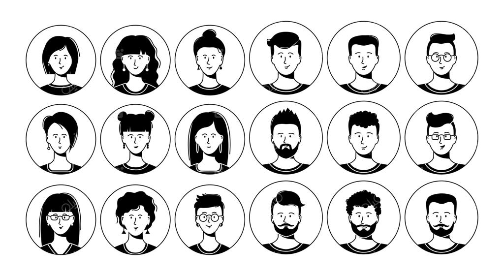 طرح خطی چهره افراد و آواتارها، مرد و زن با مدل موهای متنوع، آیکون‌های مینیمال، مجموعه وکتور گرافیکی سیاه و سفید، سبک کارتونی با طراحی تخت و ساده، تصویرسازی مدرن