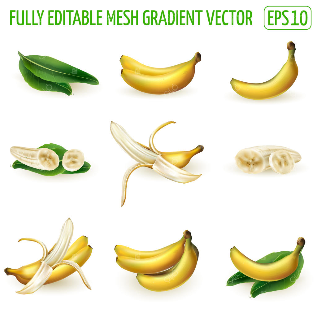 مجموعه‌ای از ترکیب‌های موز بر روی زمینه سفید.