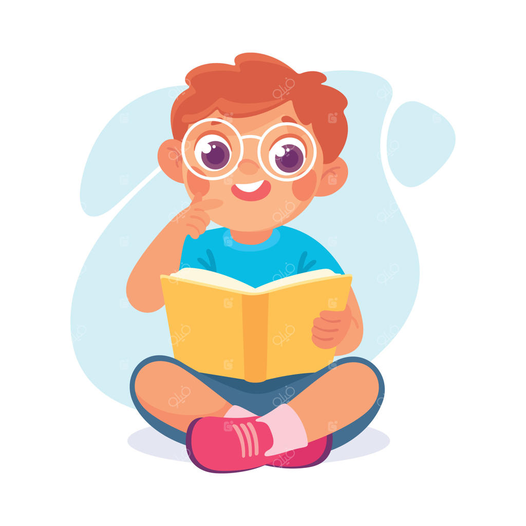 تصویر پسر زیبایی که چهارزانو نشسته و کتاب می‌خواند