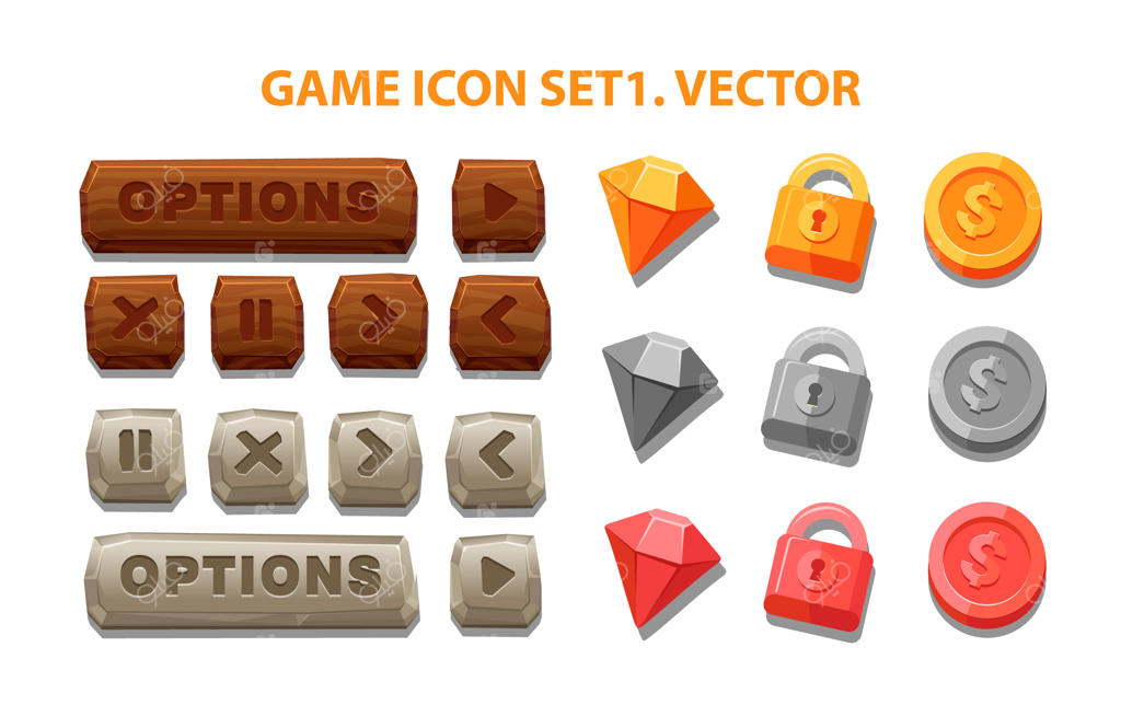 دکمه‌های رابط کاربری برای بازی‌ها و اپلیکیشن‌ها: تصویرسازی وکتور، آسان برای ویرایش. سکه طلایی و قفل.