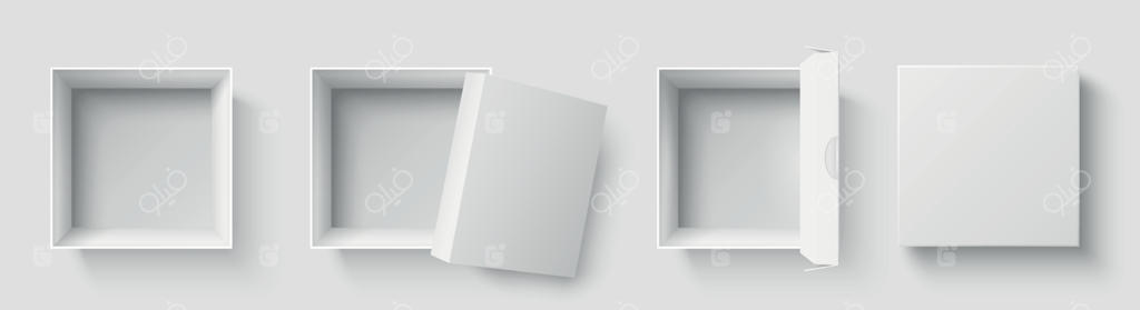 نمای بالای جعبه‌ها: مجموعه تصویرسازی سه‌بعدی جعبه‌های مربعی باز و بسته‌بندی‌های خالی