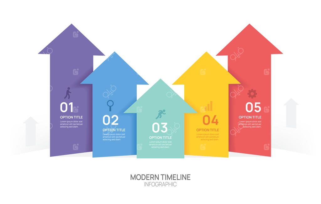 اینفوگرافیک: نماد پیکان به سمت بالا، تایم‌لاین کسب‌و‌کار، ۵ مرحله تا موفقیت.