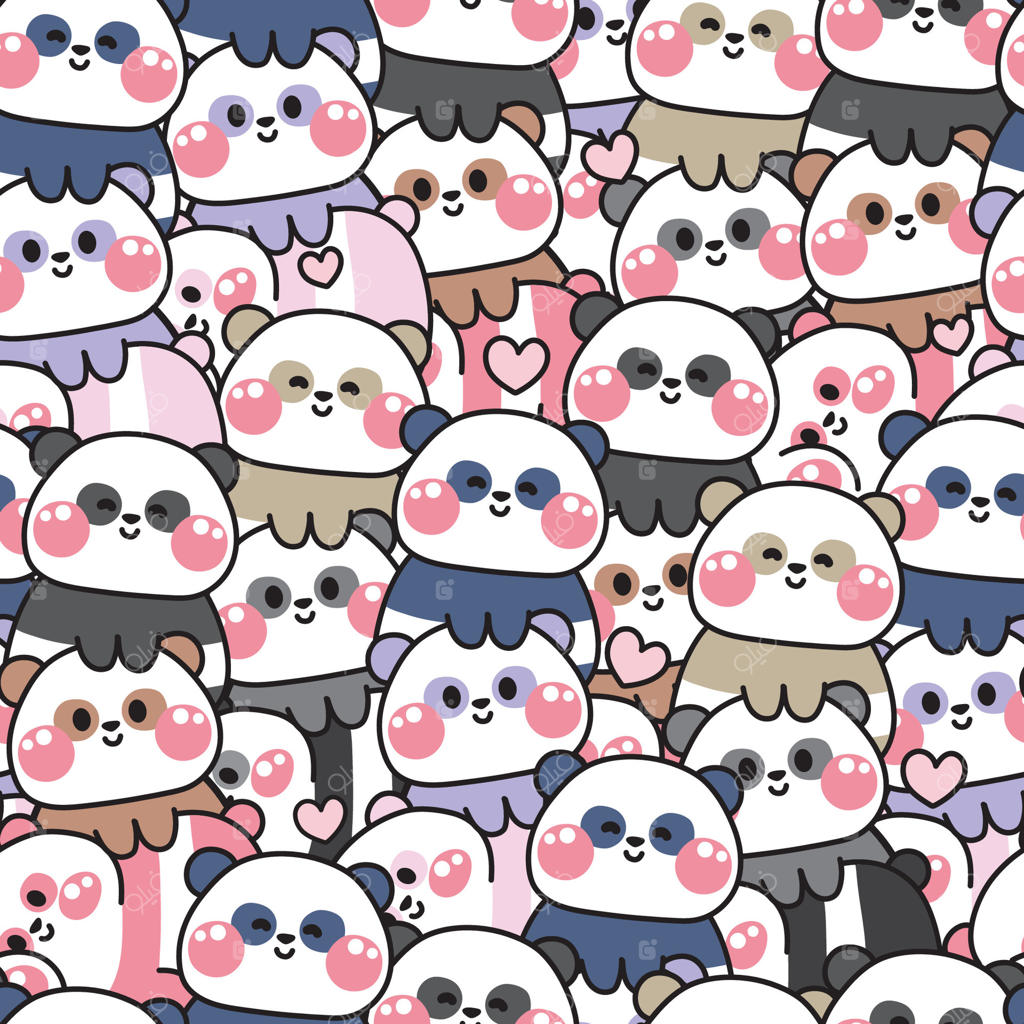 تکرار. طرح یکپارچه از خرس عروسکی پاندای بامزه که روی هم قرار گرفته‌اند و با پس‌زمینه قلبی حال و احوال می‌کنند. طراحی کارتونی شخصیت حیوان چینی. آرامش. لم‌دادن. کاوایی. تصویرسازی.