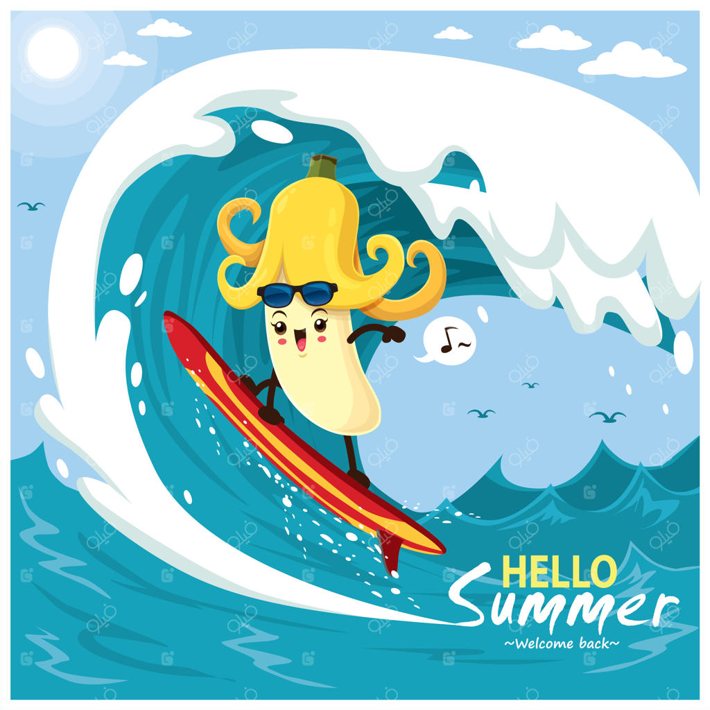 طراحی پوستر تابستانی وینتیج با کاراکترهای موز و تخته‌موج سواری وکتور.