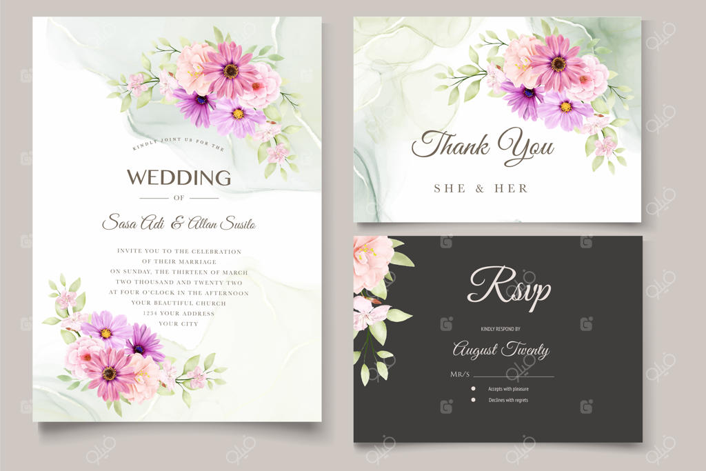 مجموعه کارت دعوت عروسی با طرح آبرنگی گل داوودی