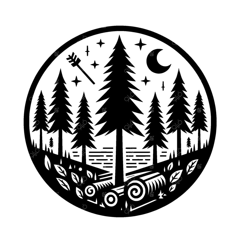 تصویر دایره‌ای سیاه و سفید مینیمالیستی از جنگلی آرام در شب با درختان بلند کاج، یک پیکان و ماه هلالی.