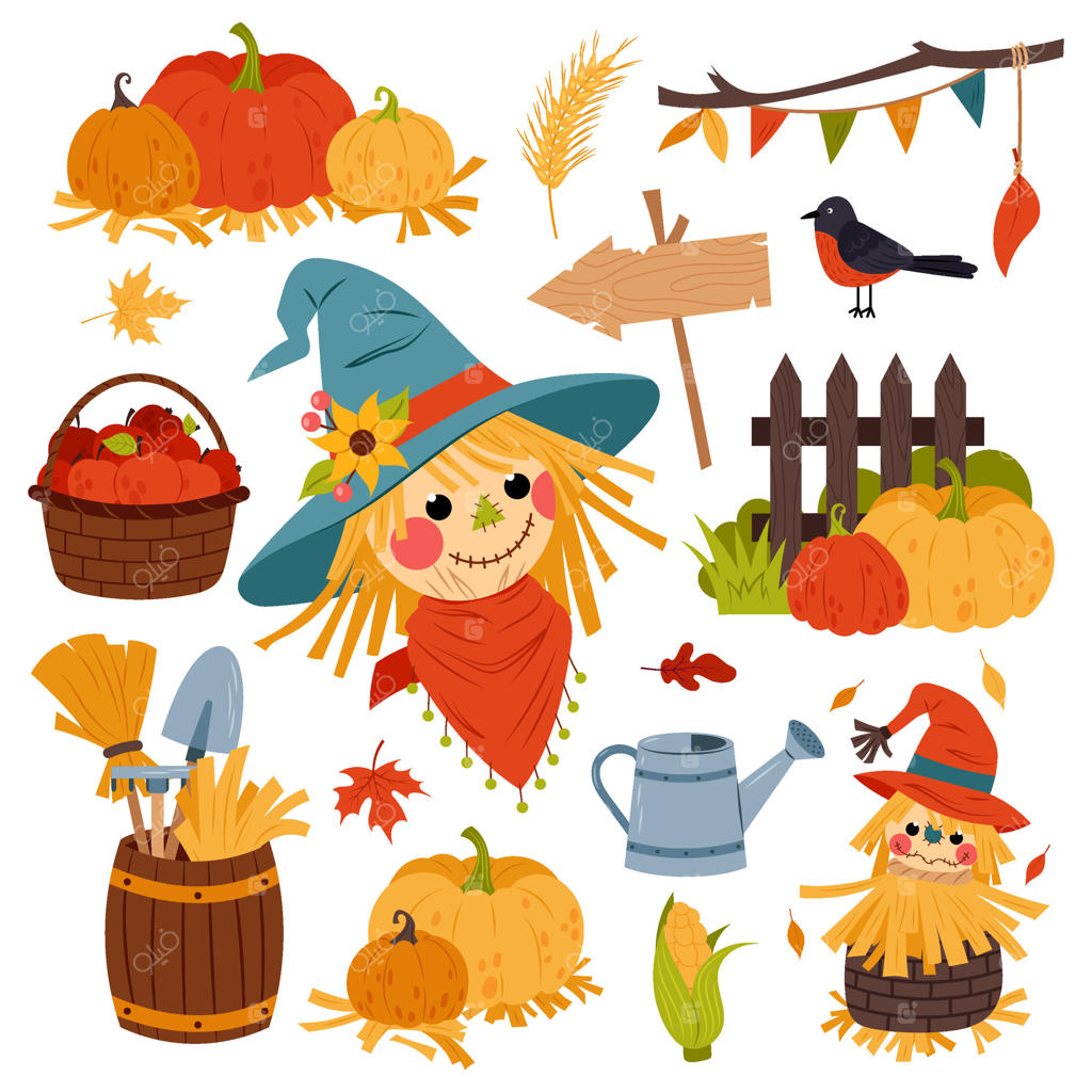 دکور پاییزی روستا، مزرعه یا باغ: تصویر مترسک زیبا، ابزار باغبانی، کدو تنبل رسیده، برگ‌های خزان. نقاشی دستی دکور فصلی باغ، مزرعه یا روستا.