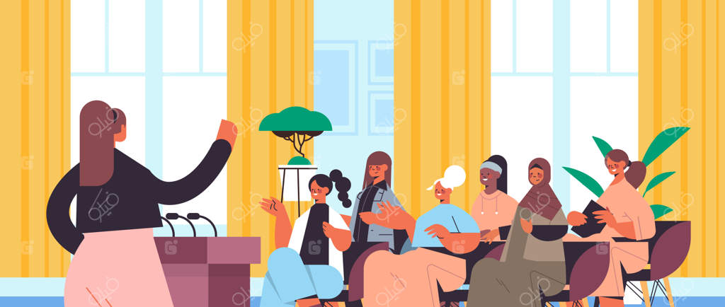 گروهی از زنان با نژادهای مختلف در حال بحث و گفتگو در کلوب زنان: اتحادی از فمینیست‌ها در حال حمایت از یکدیگر در فضای داخلی دفتر - تصویر افقی وکتور