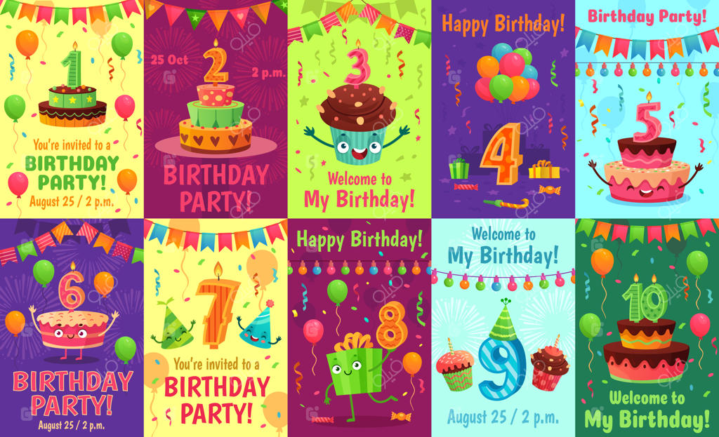 کارت تبریک سالگرد کارتونی: اعداد تولد، دعوت‌نامه جشن و مجموعه پوستر شمع‌های عدد کیک مهمانی