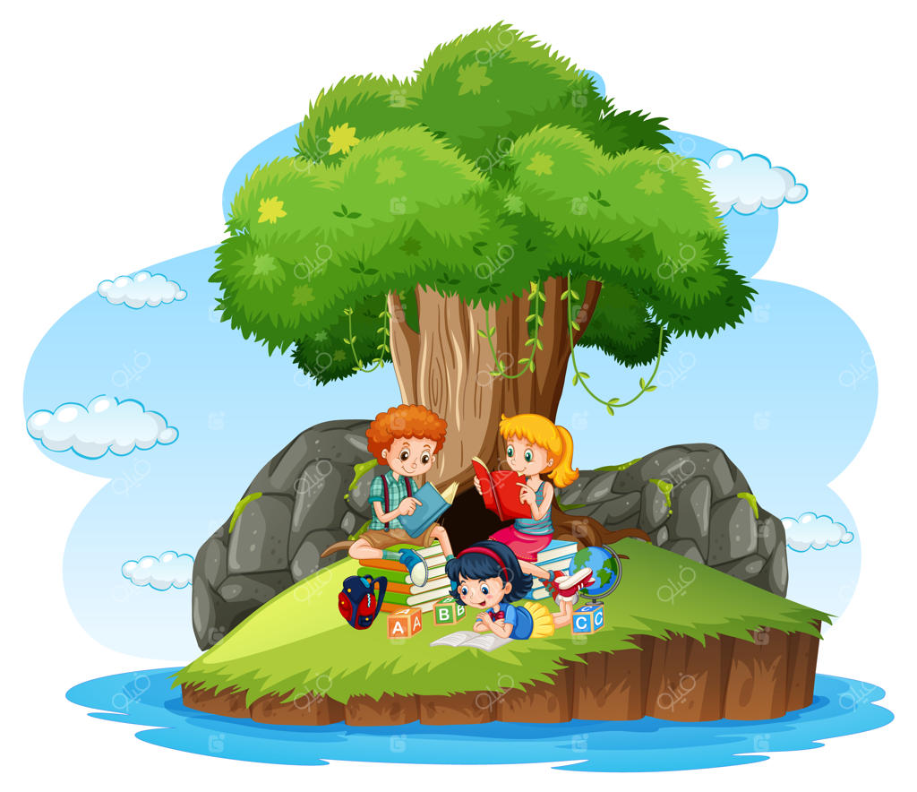 کودکان در حال خواندن کتاب در جزیره