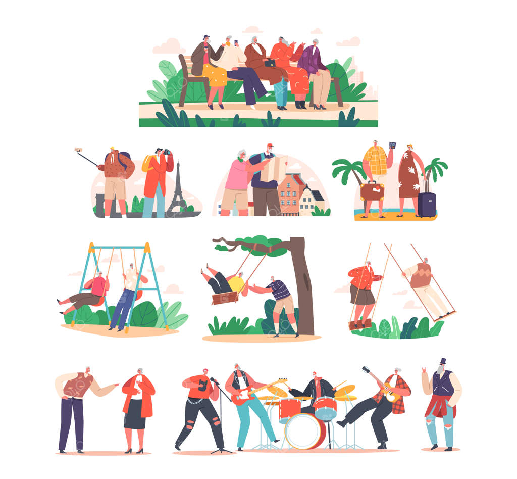 گروه موسیقی سالمندان: شخصیت‌های پیر و جوان در حال نواختن موسیقی، گفتگو و سرگرمی در پارک