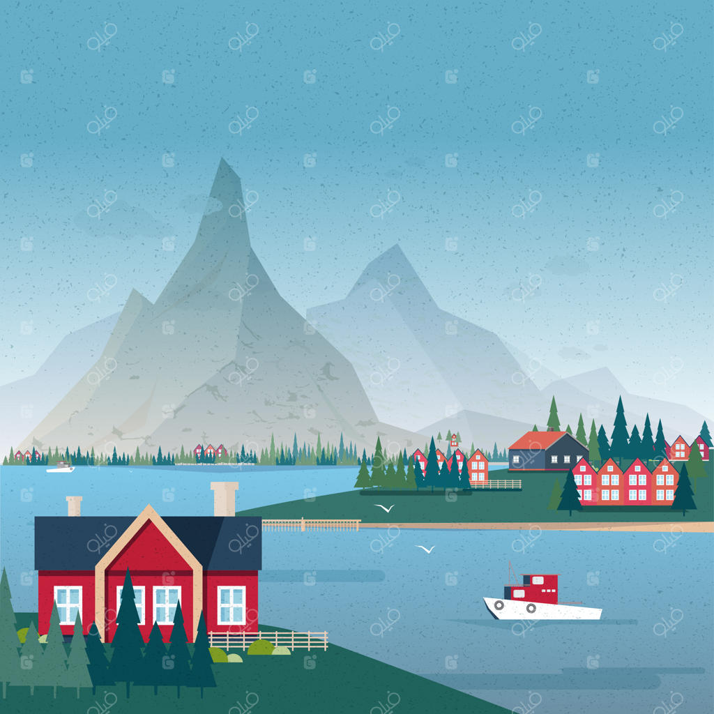 پانورامای منظره نروژ: نمای خلیجی با ساختمان‌ها و قایق. تصویری رنگارنگ.