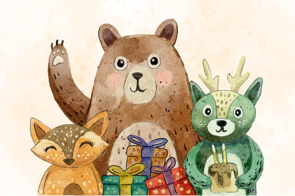 تصویرسازی طراحی بامزه حیوانات تولد با آبرنگ