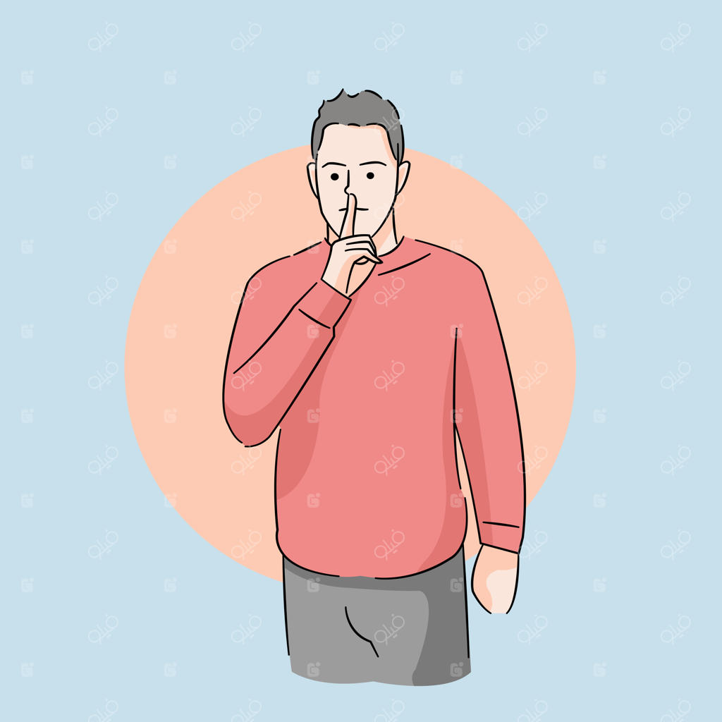 مرد با اشاره‌ای درخواست سکوت می‌کند و می‌خواهد صدای خود را پایین بیاورید