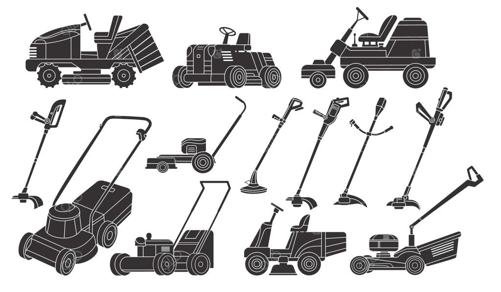 دستگاه چمن‌زن لوگوی ماشین‌های چمن‌زنی مزرعه سوار بر تراکتور باغبانی آیکون مشکی نگهداری از فضای سبز سیلوئت خدمات باغبانی تصویرسازی مدرن وکتور